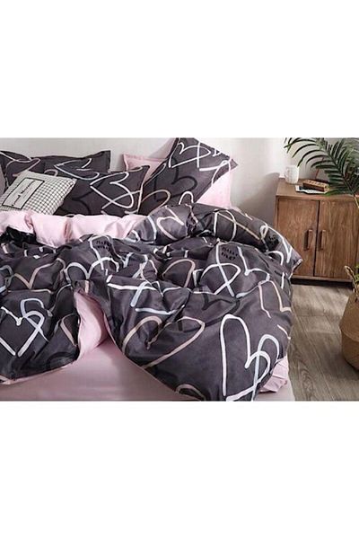COOYA 6-Piece Duvet Cover Set, Double Size Heart Design, Cotton, Dark Grey/Pink