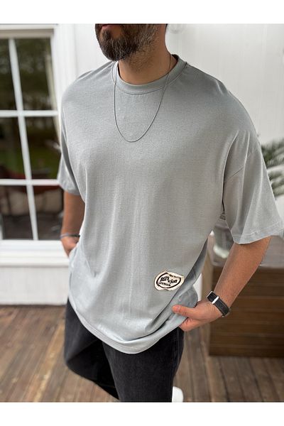 BYBASICMAN Gray Straw Patched Oversize T-Shirt Jj-11