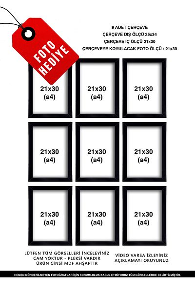yeditepe hayat 9 Pieces (A4) 21x30 Black Frame MDF - Multi-Photograph Frame with PVC - 21x30 Frame - A4