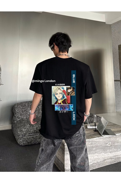 Minga London تي شيرت أسود أزرق بقفل Kaiser Back مطبوع كبير الحجم، Minga London