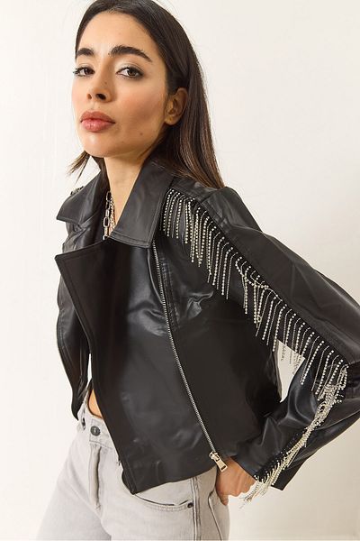 Bianco Lucci Women's Sleeves Tassel Stone Lined Faux Leather Jacket 20113 60283199