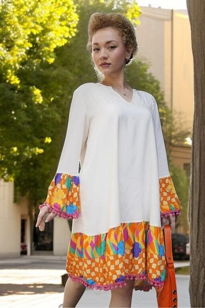 yagmurberen Flying Sleeve Patterned Pon Pon Detail Summer Mini Dress