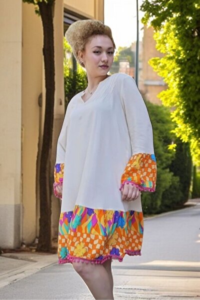 yagmurberen Flying Sleeve Patterned Pon Pon Detail Summer Mini Dress