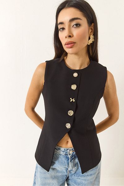Bianco Lucci Women's Regular Bisilet Collar Gold Button Detailed Lined Woven Vest 9005 60283150