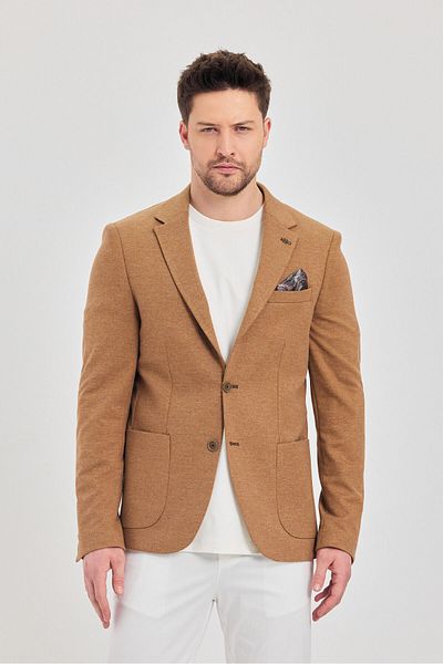 Frappoli Savue Ανδρικό Camel Cotton Blended Stretching Fabric Τσάντα Slim Fit Blazer με τσέπη