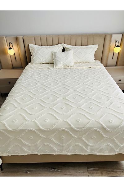 bursa çeyiz Arlina Geo Ecru Modern Karaca Double Multi-Purpose Cover Bedspread (with a Gift)
