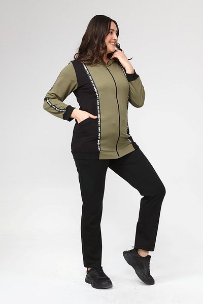 Şans Women's Plus Size Khaki Zipper and Stripe Detailed Hooded Tracksuit Suit 65N38708