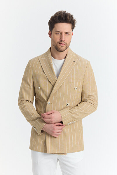 Frappoli Vitao Чоловічий бежевий італійський смугастий круазе з напівпідкладкою, slim fit спортивний блейзер