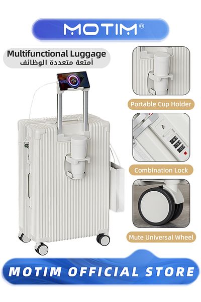 MOTIM Travel Luggage with USB and Type-C Port & Cup Holder & Phone Holder Side Hidden Hook 20 inch