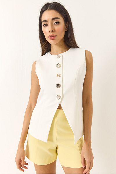 Bianco Lucci Women's Regular Bisilet Collar Gold Button Detailed Lined Woven Vest 9005 60283150