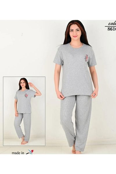 ziend fashion Women's Young and Middle-Aged Short-Sleeved Summer Seasonal Nightgown Gray Patterned Pajama Set