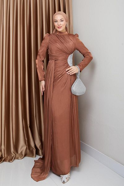 Olcay Yoryo-Hijab-Abendkleid aus Seide mit Steinen an der Taille und Kordelzug-Detail TABA 1233