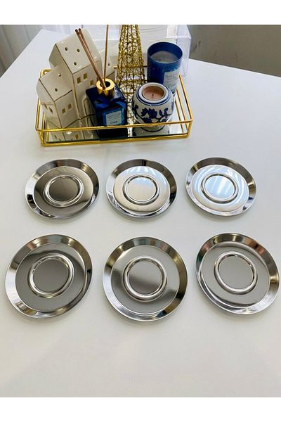 Aslı Hediyelik Luxury 6 Pieces Silver Stainless Steel Round Tea Plate Coaster