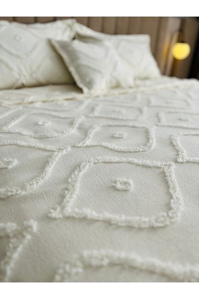 bursa çeyiz Arlina Geo Ecru Modern Karaca Double Multi-Purpose Cover Bedspread (with a Gift)
