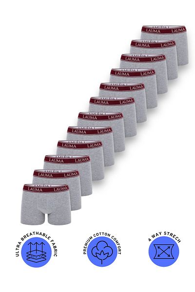 LAUMA Ανδρικά Boxer 12 Pack Claret Red Λεπτομερή ανοιχτό γκρι, βαμβακερά, εύκαμπτα, εσώρουχα Lycra