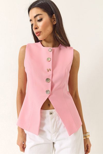 Bianco Lucci Women's Regular Bisilet Collar Gold Button Detailed Lined Woven Vest 9005 60283150