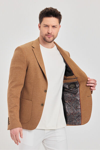 Frappoli Savue Erkek Camel Pamuk Karışımlı Esneyen Kumaş Torba Cepli Slim Fit Blazer Ceket