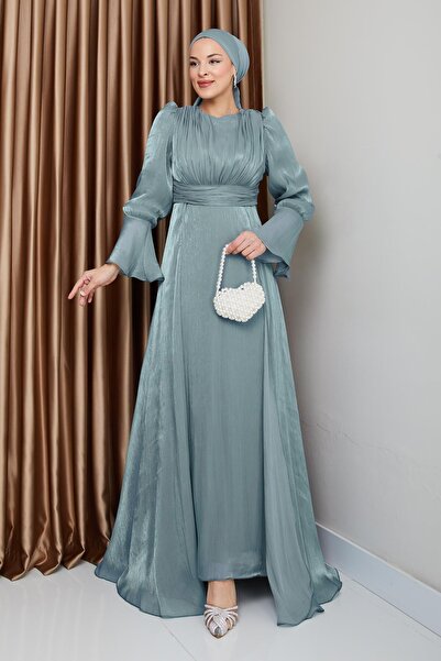 Olcay Silk Hijab Evening Dress - Cape Skirt, Green