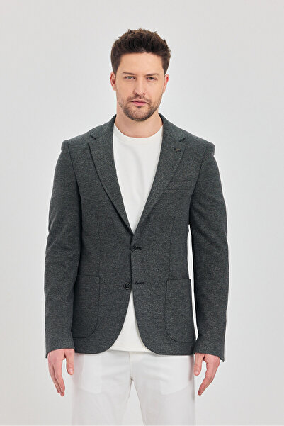 Frappoli Savue Erkek Siyah Pamuk Karışımlı Esneyen Kumaş Torba Cepli Slim Fit Blazer Ceket