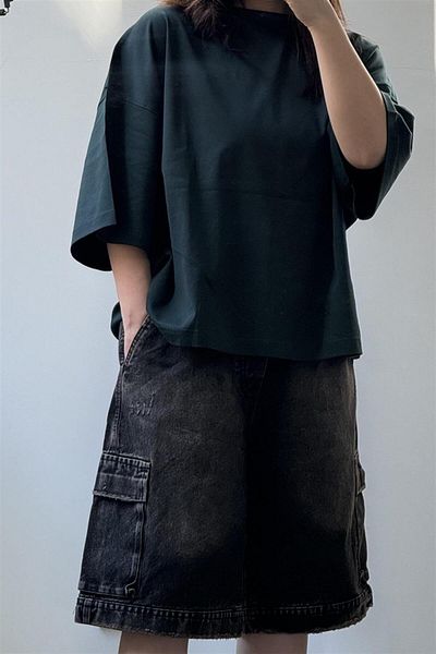 Karakedi Black Bermuda Cargo Pocket Denim Shorts