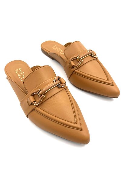 Lizizu Genuine Leather Tan Pointed Toe Buckle Women's Slippers