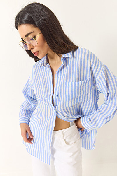 Bianco Lucci Kadın Çizgili Tek Cep Detaylı Oversize Dokuma Gömlek 2069 60283203