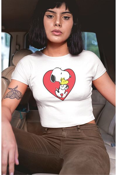 Fuddy Moda Heart Snopy Printed Crop Top, Γυναικεία Crop Μπλούζα με θέμα τη γραμμή