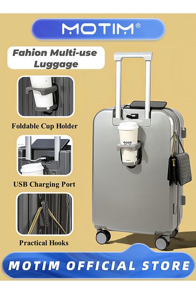 MOTIM Travel Luggage With Cup Holder & USA Charging Port & Hook & Silent Spinner Wheel & TSA Lock 26 inch