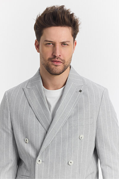 Frappoli Vitao Erkek Gri İtalyan Çizgili Kruvaze Yarım Astarlı Slim Fit Spor Blazer Ceket