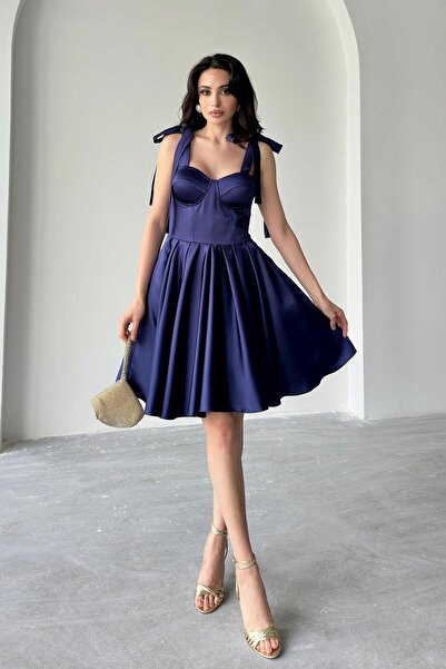 Serica Moda Βραδινό φόρεμα σατέν με λεπτομέρεια μπουστάκι Navy Blue