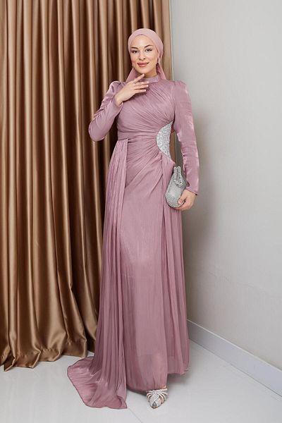 Olcay Kamenný pas a detailem stahovací šňůrky Yoryo Silk Hijab Večerní šaty ROSE 1233