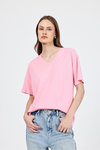 Rays Ružičasta majica sa V-izrezom 100% pamuk Comfort Fit 2143M