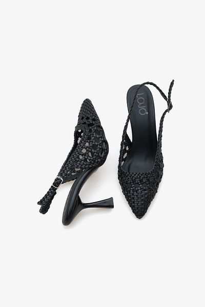LOJO Pantofi de zi cu toc cu vârf ascuțit cu cataramă de paie pentru femei Plor Black