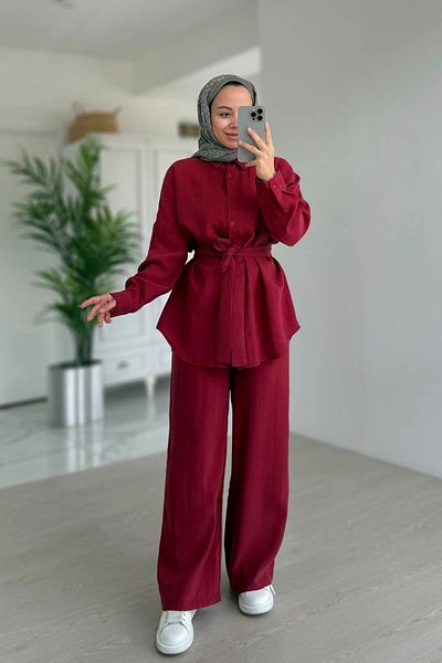 Ka Hijab Belt Detail Draped Double Suit - Claret Red