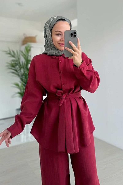 Ka Hijab Belt Detail Draped Double Suit - Claret Red