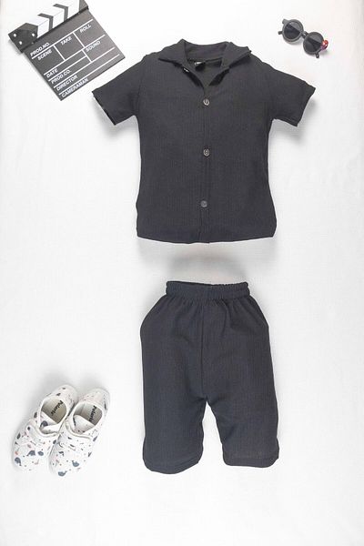 Yalçınoğlu Kids Boy's Summer Suit 3-10 Years Old Shirt Set with Shorts |   Bürümcük Fabric Bottom Top Double Set