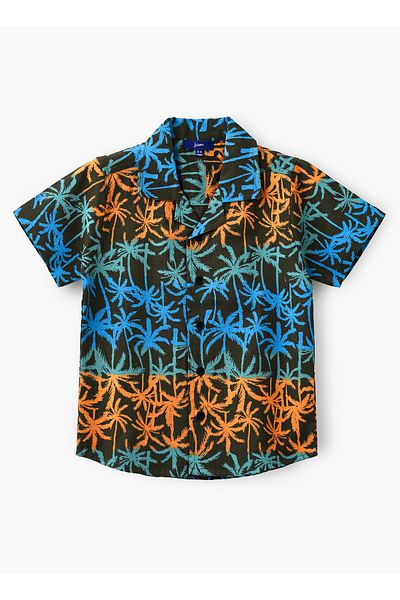 Basicxx Boys' Tropical Print Linen Shirt with Camp Collar