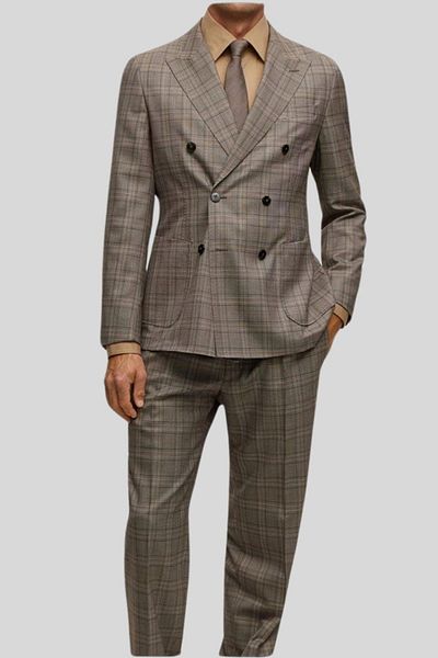 BOSS Checkered Wool Slim Fit Men's Suit Beige