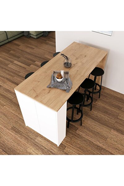 Bimossa Edgar L4810 Mutfak Adası Bar Masası 160 cm Ahşap Üst Beyaz Alt Çok Amaçlı Depolamalı Oturmalı Masa