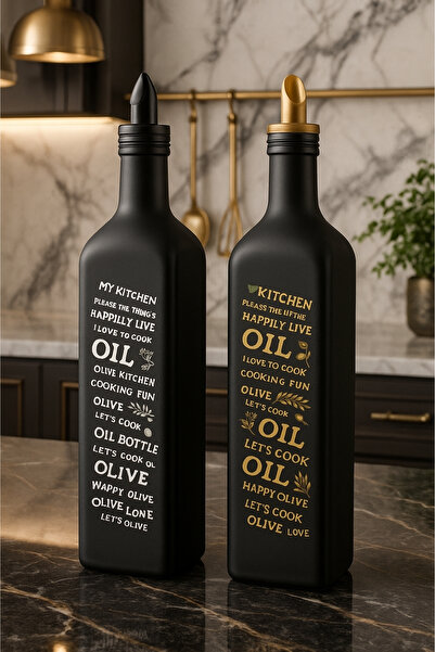 bossandmuse 2'Lİ Cam Yağdanlık Takımı Gold Beyaz Yazılı Siyah Cam Yağ Şişesi - Tıpa Dahil