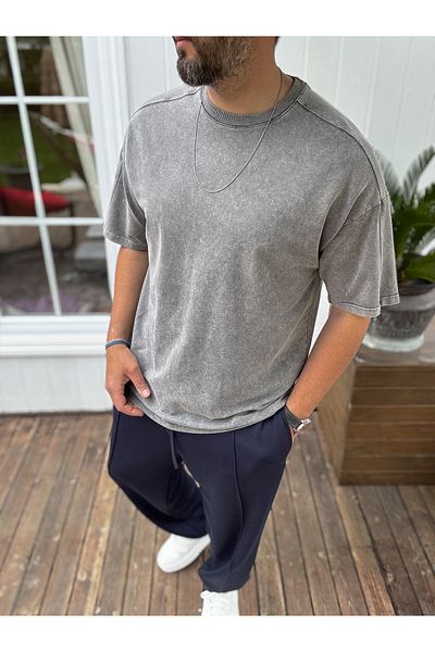 BYBASICMAN Gray Washed Stitching Detailed T-Shirt Jj-93