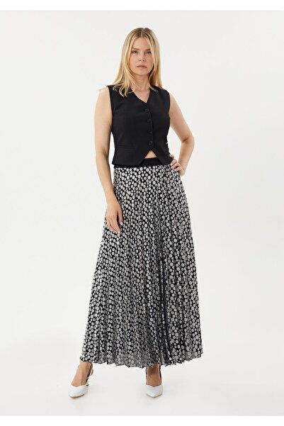 blouzella Stylish V-neck Belted Black Woven Vest