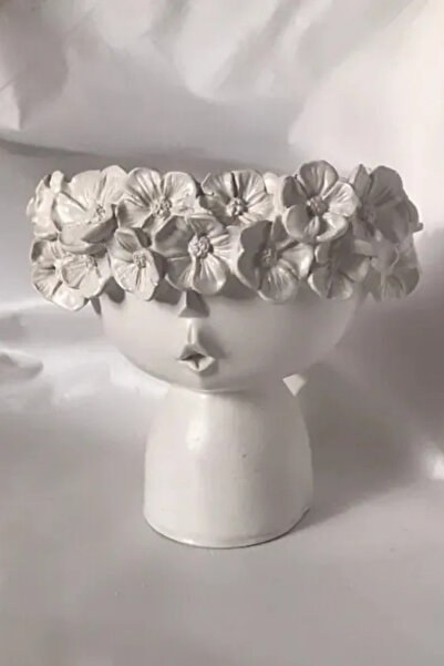 omilife Dekoratif Çiçeklik Seramik Vazo Çiçekli Kız Beton Saksı Boyasız