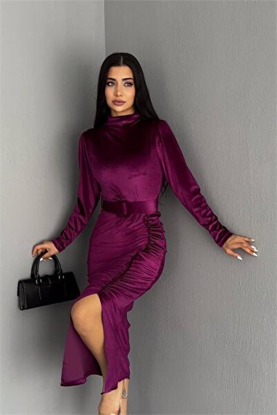 Dipmoda Rochie lungă de damă, cu curea șlițuri, mărimea catifea DPKKLF80