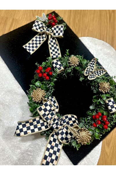 Marrone Orjinal Mackenzie Childs Büyük Kapı Süsü 45cm Siyah Kurdeleli Paspas İkili Takım 70 cm paspas