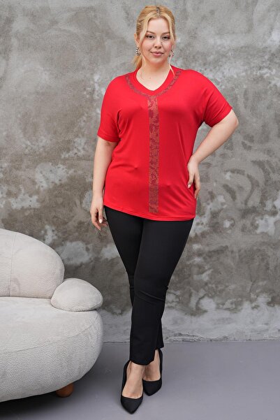 Siyezen Büyük Beden Yakası Gümüş Gold Taş Baskılı Oversize Bluz