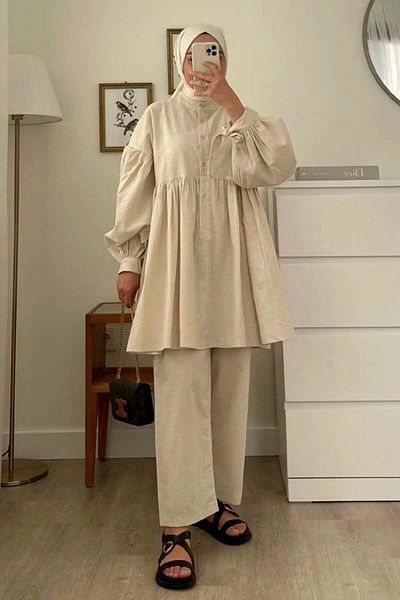 Ceylan Otantik Organic Linen Button Tie-Up Rubbed Tunic & Linen Pipe Leg Pants Set