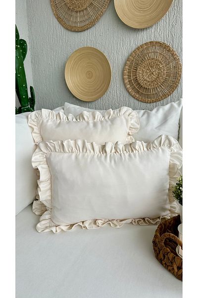 Decamor home Vintage Frilly Ecru Light Cream Throw Pillow Cover 1 Pc