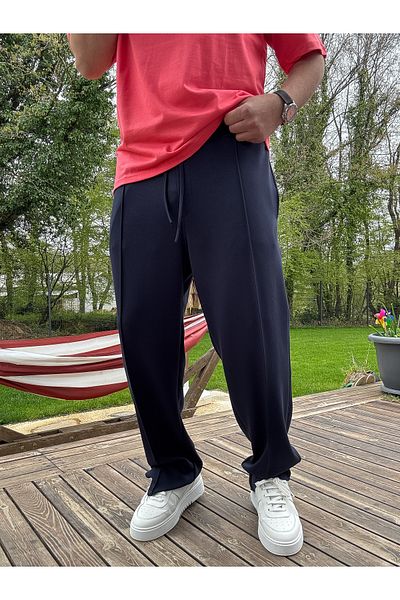 BYBASICMAN Navy Blue Stitched Lycra Pipe Leg Sweatpants Ke-7012