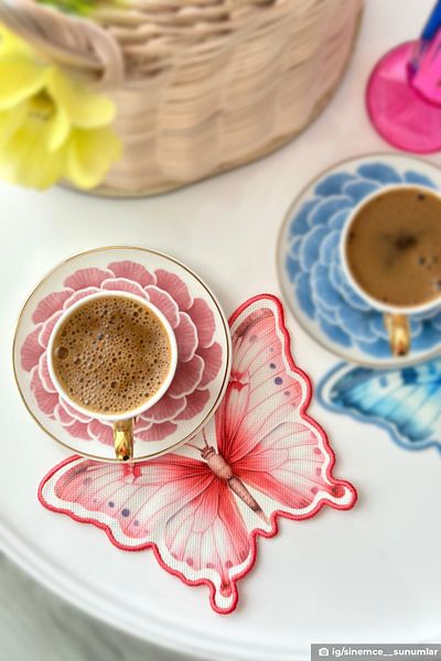 decofav Καραμέλα Ροζ Πεταλούδα Κέντημα Edge Fabric Cocktail Napkin 1 Τεμάχιο